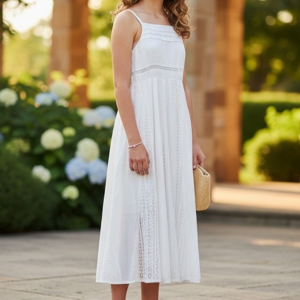 Zara Girls White Lace Eyelet‎ Dress 13-14 Boho Cottagecore Princess Wedding